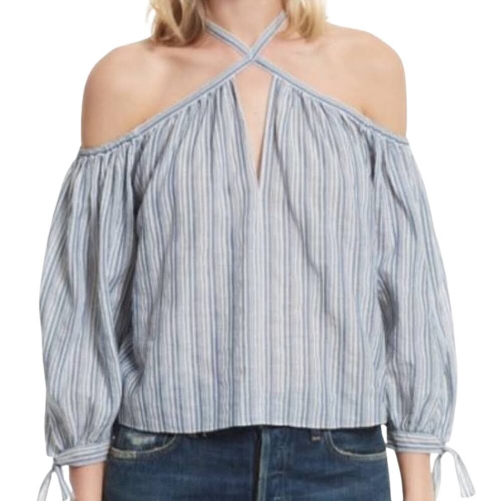 Rebecca Taylor Blouse Off Shoulder Cotton Strappy Stripe Blue White 8 Medium